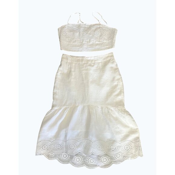 Joie White Eyelet Crop Top & Skirt Set Size L 100% Linen Sleeveless Boho Chic - Picture 13 of 13